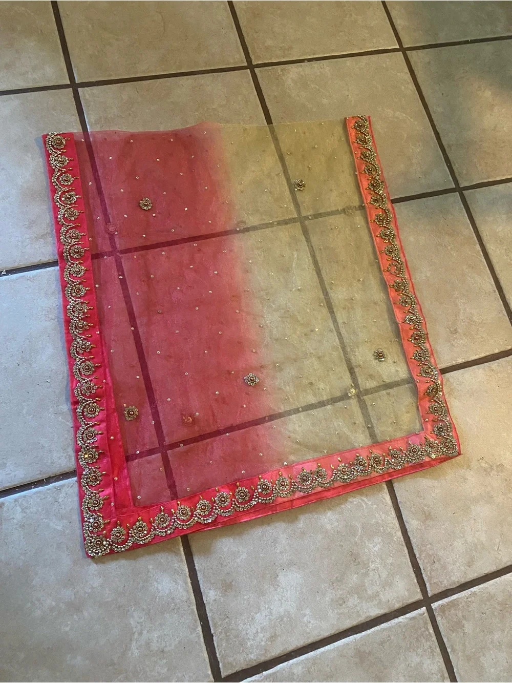 Embellished Coral and Gold Sheer Scarf or Shawl